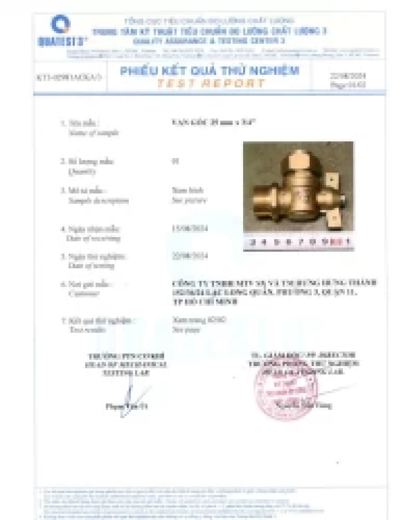 Kết quả thử nghiệm Van góc 25mm x 3/4