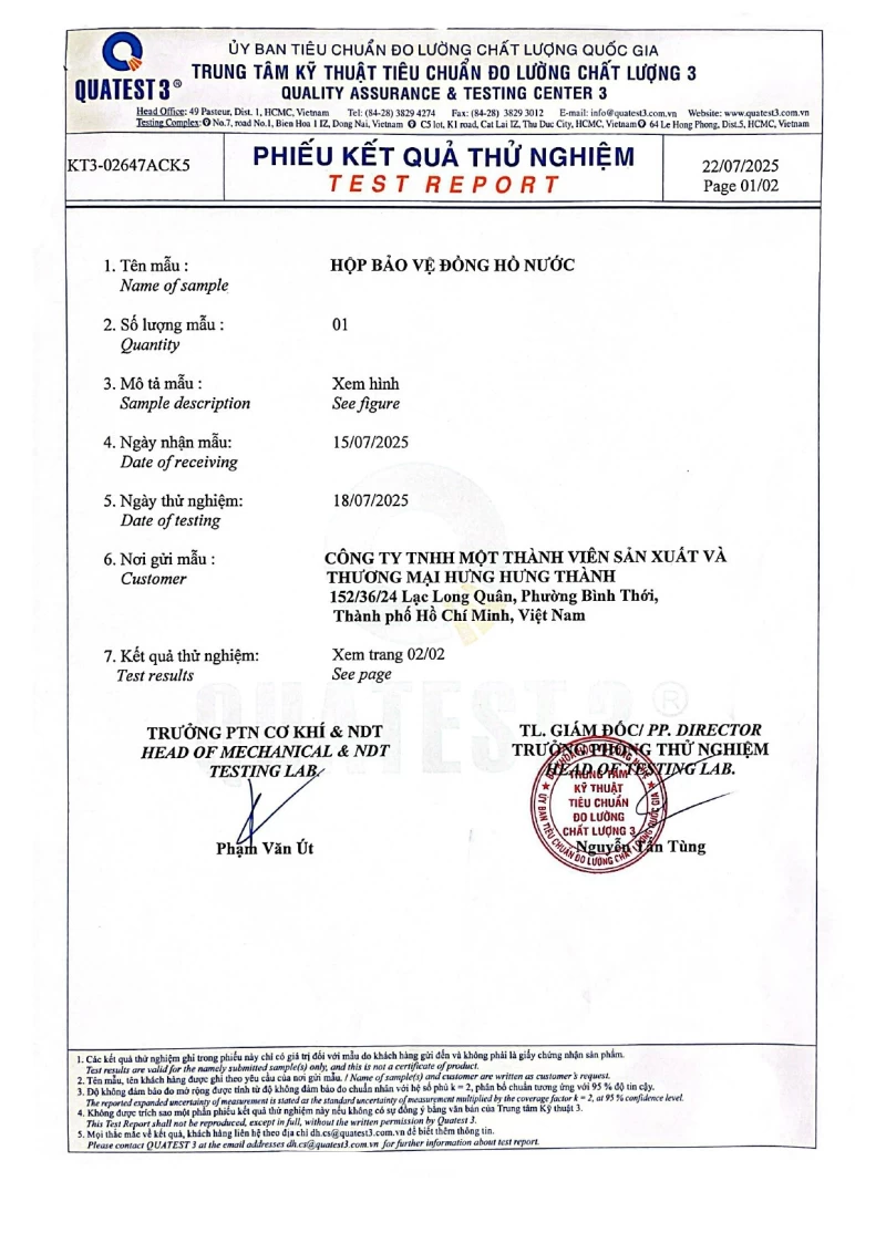 Kết quả thử nghiệm Hộp bảo vệ đồng hồ