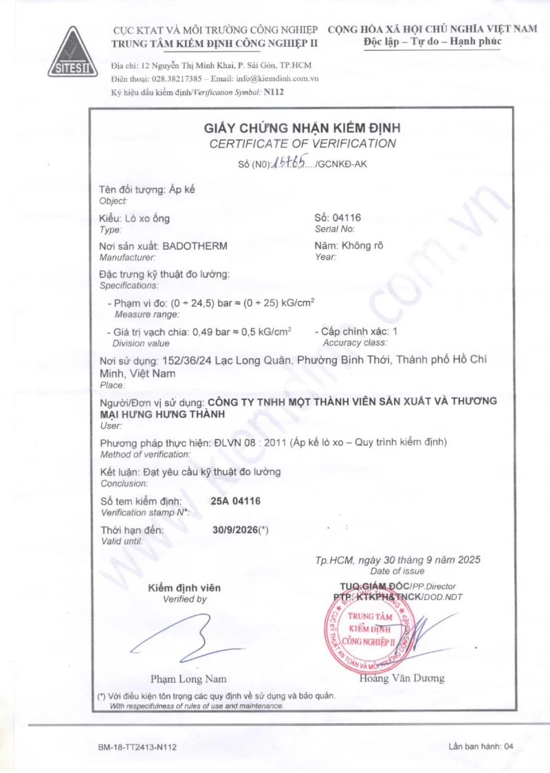 Kết quả kiểm tra Đồng hồ Áp kế