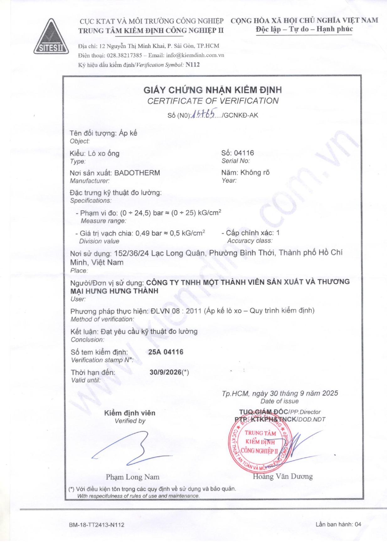 Kết quả kiểm tra Đồng hồ Áp kế