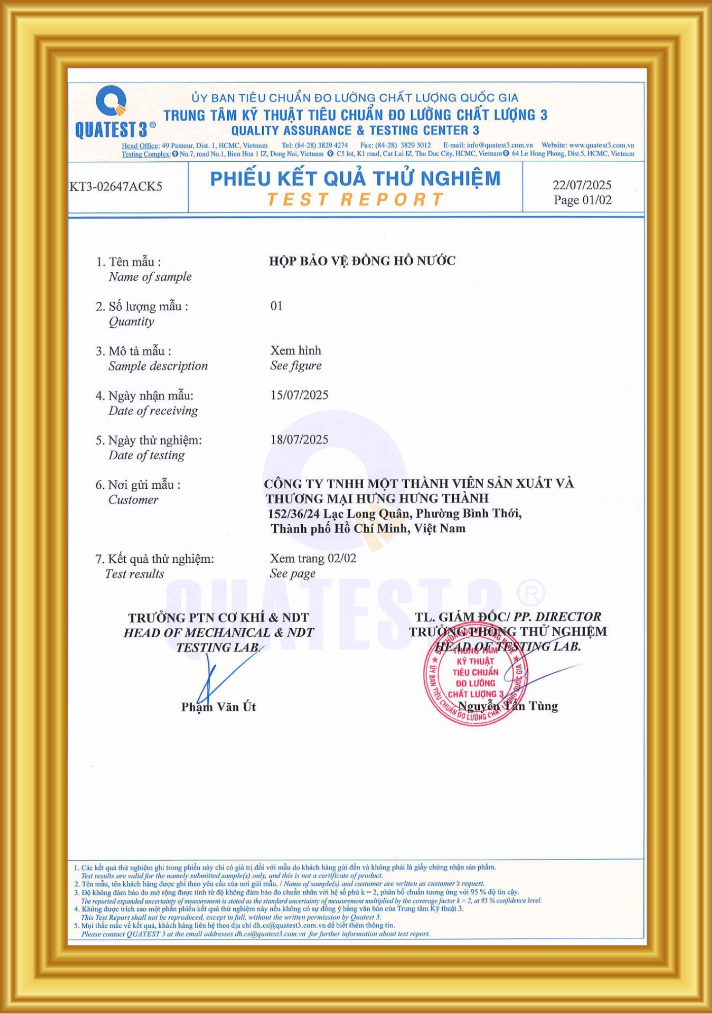 Kết quả thử nghiệm Hộp bảo vệ đồng hồ