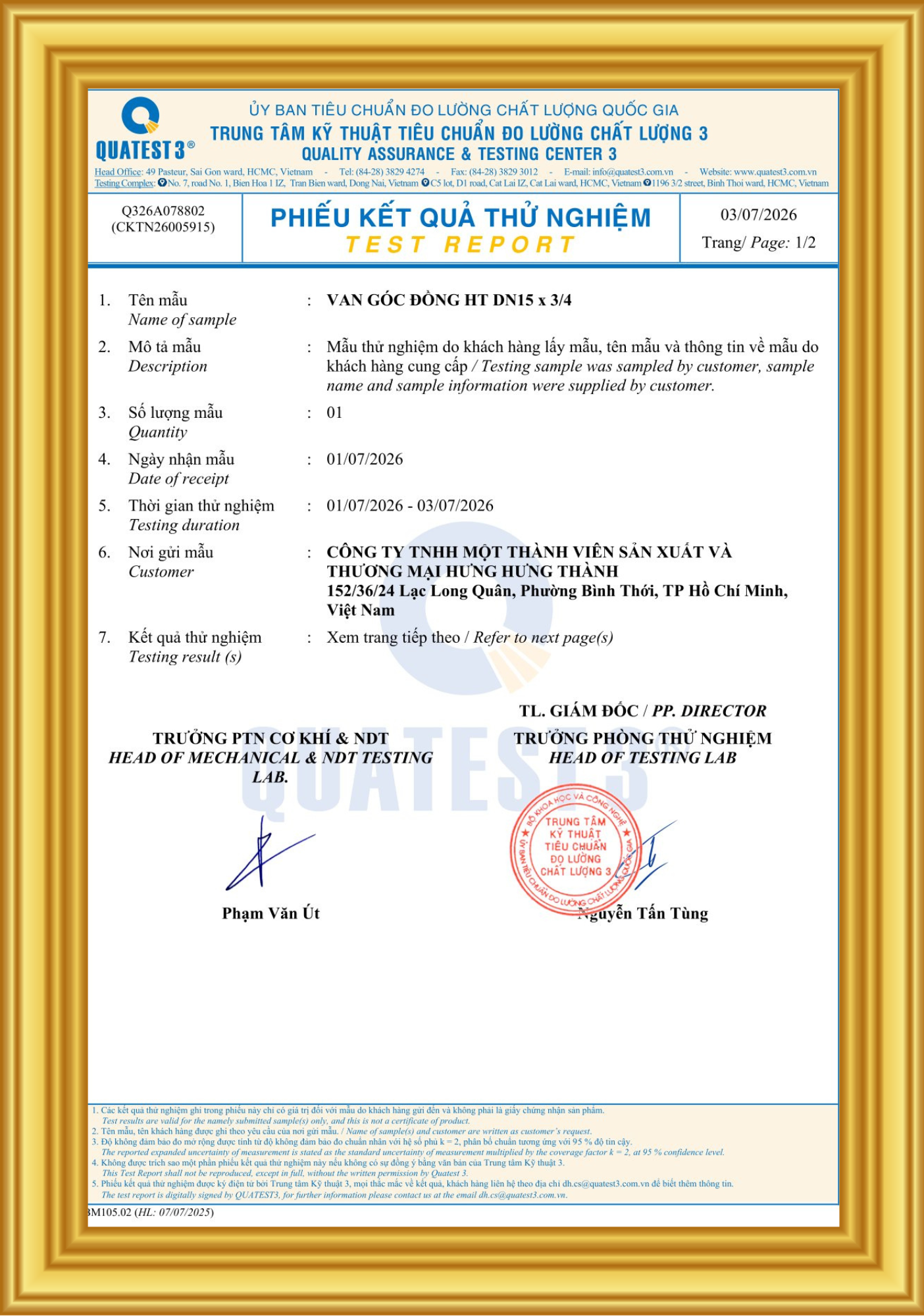 Kết quả thử nghiệm Van góc 25mm x 3/4